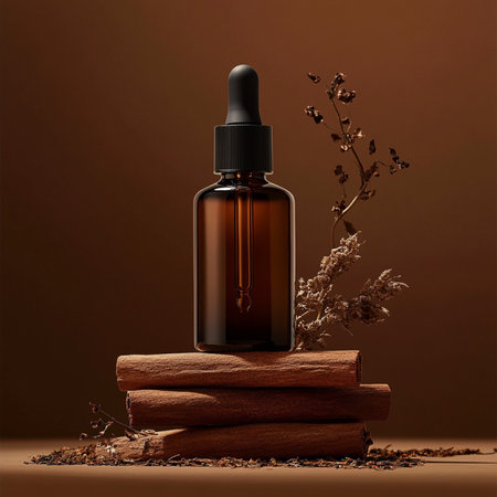 Brown glass dropper bottle with pipette on a brown background.の素材