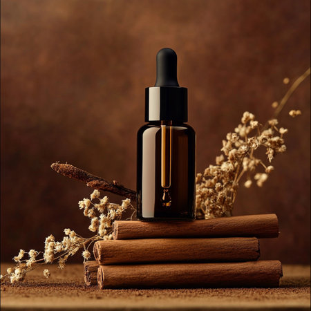 Brown glass dropper bottle with pipette, cinnamon sticks and dried flowers on brown backgroundの素材