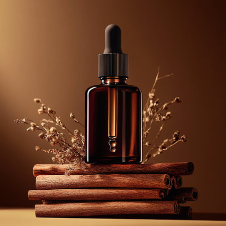 Brown glass dropper bottle with pipette and cinnamon sticks on brown background.の素材