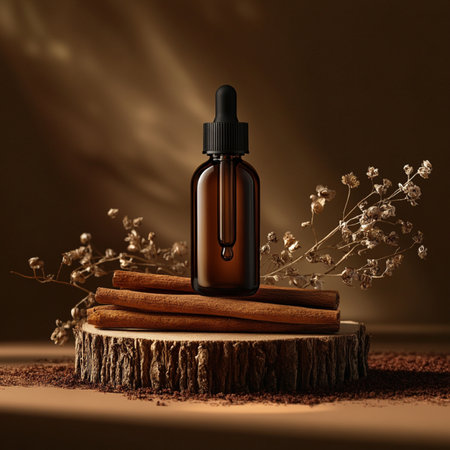 Essential oil in a brown glass bottle on a wooden stump with dried flowersの素材