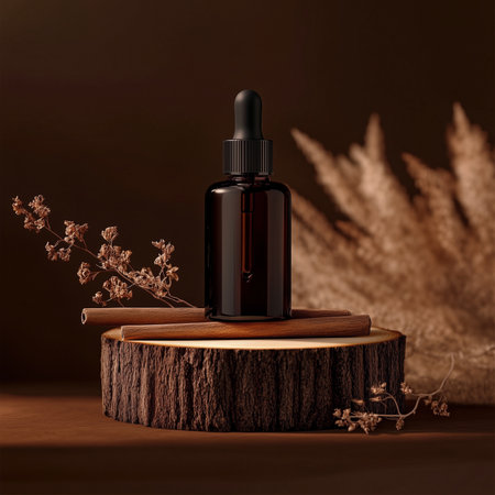 Mockup of brown glass dropper bottle with pipette on wooden stand with dry flowers.の素材