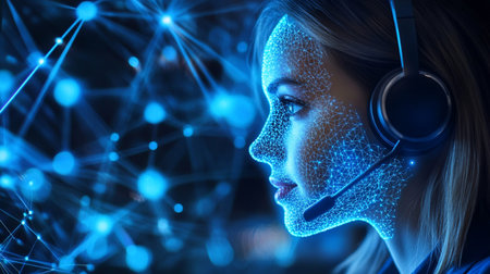 Portrait of young woman with headset against blue background 3D renderingの素材