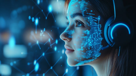 Close up portrait of a young woman wearing headphones and looking at the digital hologram. Technology conceptの素材
