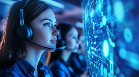 Female customer support operator in headset working at call center. Business and technology concept.の素材