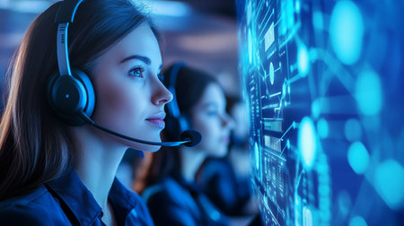 Attractive young female customer support operator in headset working in call center.の素材