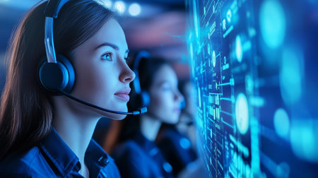 Portrait of female customer support operator in headset working in call centerの素材