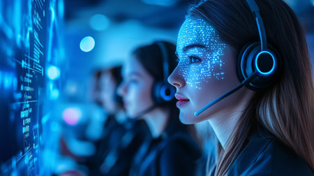 Group of call center staff working with headset to support remote customer or colleague. Call center and customer support agent provide service on telephone video conference call.の素材