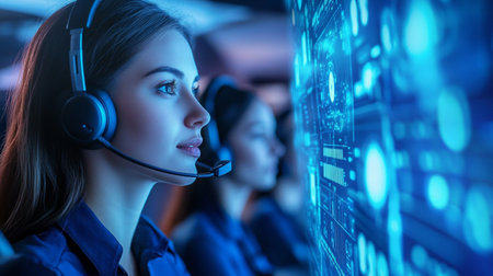 Operator in headset working in call center. Business and technology concept.の素材