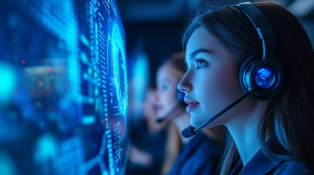 Portrait of young businesswoman wearing headset working in call center.の素材