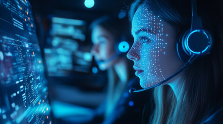 Serious girl in headphones looking at computer screen. Concept of cyber securityの素材