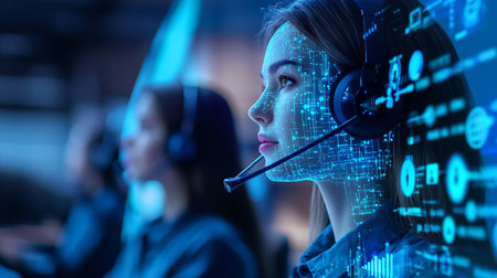 Cyber security and information technology concept. Double exposure of businesswoman working with headset and digital code.の素材