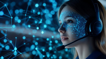 Close up of female telemarketer with headset against blue glowing backgroundの素材