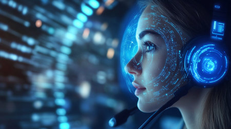 Female telemarketing operator with headset working on virtual screen 3D renderingの素材