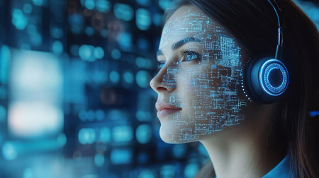 Portrait of young woman wearing headphones and looking at screen with binary codeの素材