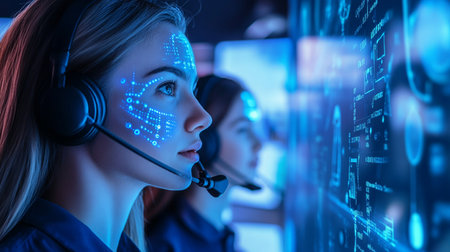 Portrait of female call center operator in headset working with customer supportの素材