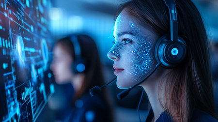 Serious young female call center operator working with headset and computer in officeの素材