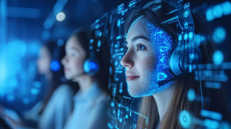 Young woman in headset using digital interface with binary code. Technology conceptの素材