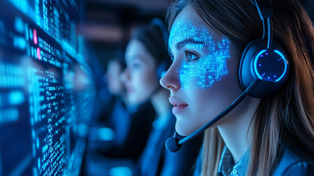 Portrait of young female operator in headset looking at camera in call centerの素材