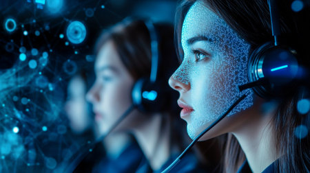 Close up of two female telemarketing agents in headsets working in call centerの素材