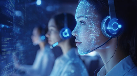 Close up of female customer support operator with headset working in call centerの素材