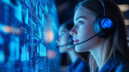 selective focus of call center operator in headset working in data centerの素材
