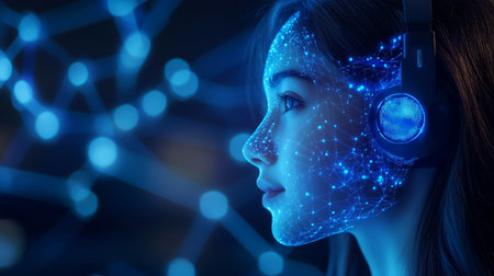 Close up of female face with headphones against blue background 3D renderingの素材