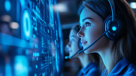 selective focus of call center operator in headset looking at computer screenの素材
