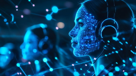 3D rendering cyborg woman head with wireframe on dark backgroundの素材