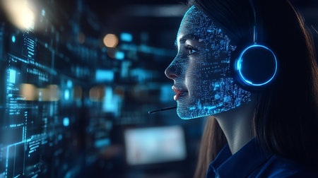 Young woman wearing headphones against night cityscape with binary code 3D renderingの素材