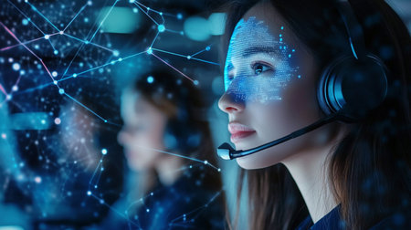 Serious young businesswoman in headset working in modern office. Double exposureの素材