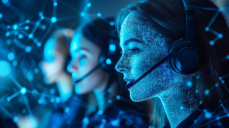 Portrait of two young female telemarketer with headset. 3D renderingの素材