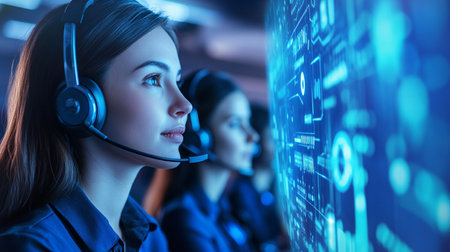 Serious call center operator. Side view of beautiful young businesswoman in headset working in call center.の素材