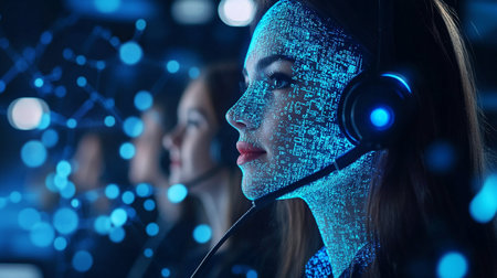 Portrait of female customer support operator in headset working in call centerの素材