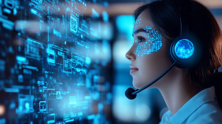 Attractive asian businesswoman wearing headset working with virtual panel interfaceの素材