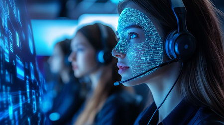 Cyber security and data protection. Confident young female security guard wearing headset and looking at camera while standing in front of her teamの素材