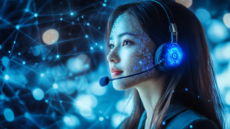 Portrait of young businesswoman with headset on head. Mixed mediaの素材