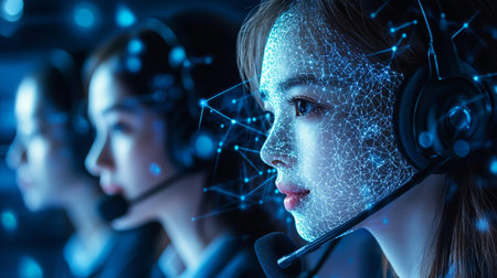 Portrait of young female telemarketer with headset looking at cameraの素材