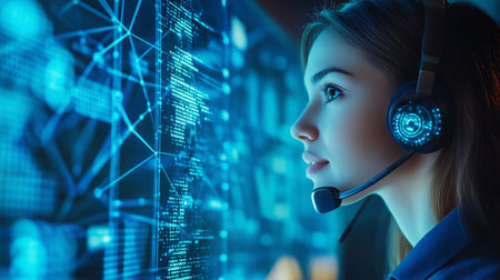 Asian business woman wearing headset working on virtual screen with binary code.の素材