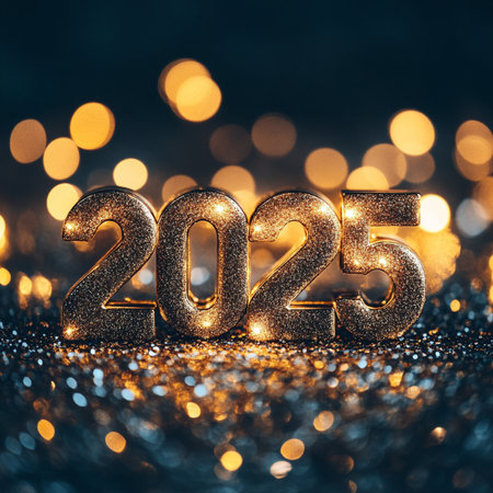 Happy New Year 2020. Golden numbers on bokeh background.の素材