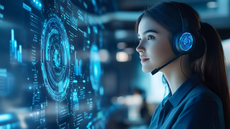 Business people wearing headset working actively in office. Call center, telemarketing, customer support agent provide service on telephone video conference call.の素材