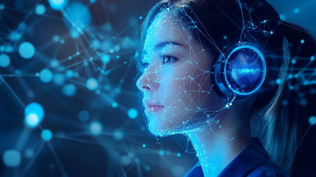 Serious young woman with headphones on head and network hologram. 3D renderingの素材