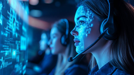 selective focus of call center operator in headset working with client in officeの素材