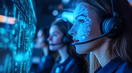 Team of call center operators at work. Focus on woman in headsetの素材