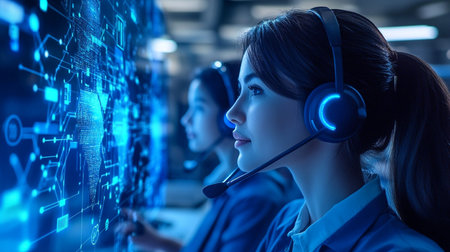 Business people wearing headset working actively in office. Call center, telemarketing, customer support agent provide service on telephone video conference call.の素材