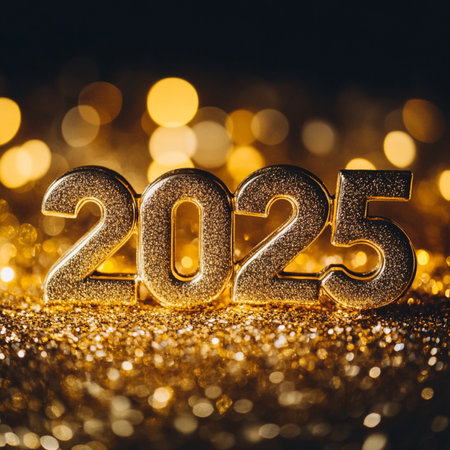 Happy New Year 2015. Golden glitter background with bokeh lights.の素材