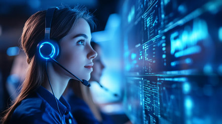 Attractive young female operator wearing headset and smiling while working in call centerの素材