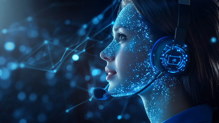 Businesswoman wearing headset against blue background with lines and dots 3D renderingの素材