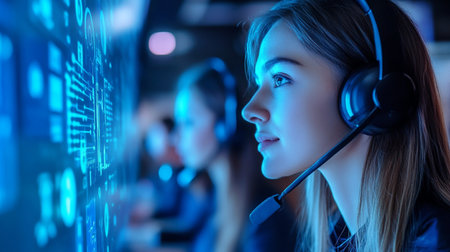 Portrait of young female call center operator in headset working with customer support.の素材