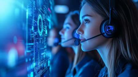 Group of business people wearing headset working actively in office. Call center, telemarketing, customer support agent provide service on telephone video conference call.の素材