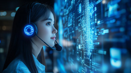 Attractive asian businesswoman wearing headset working with virtual screen.の素材
